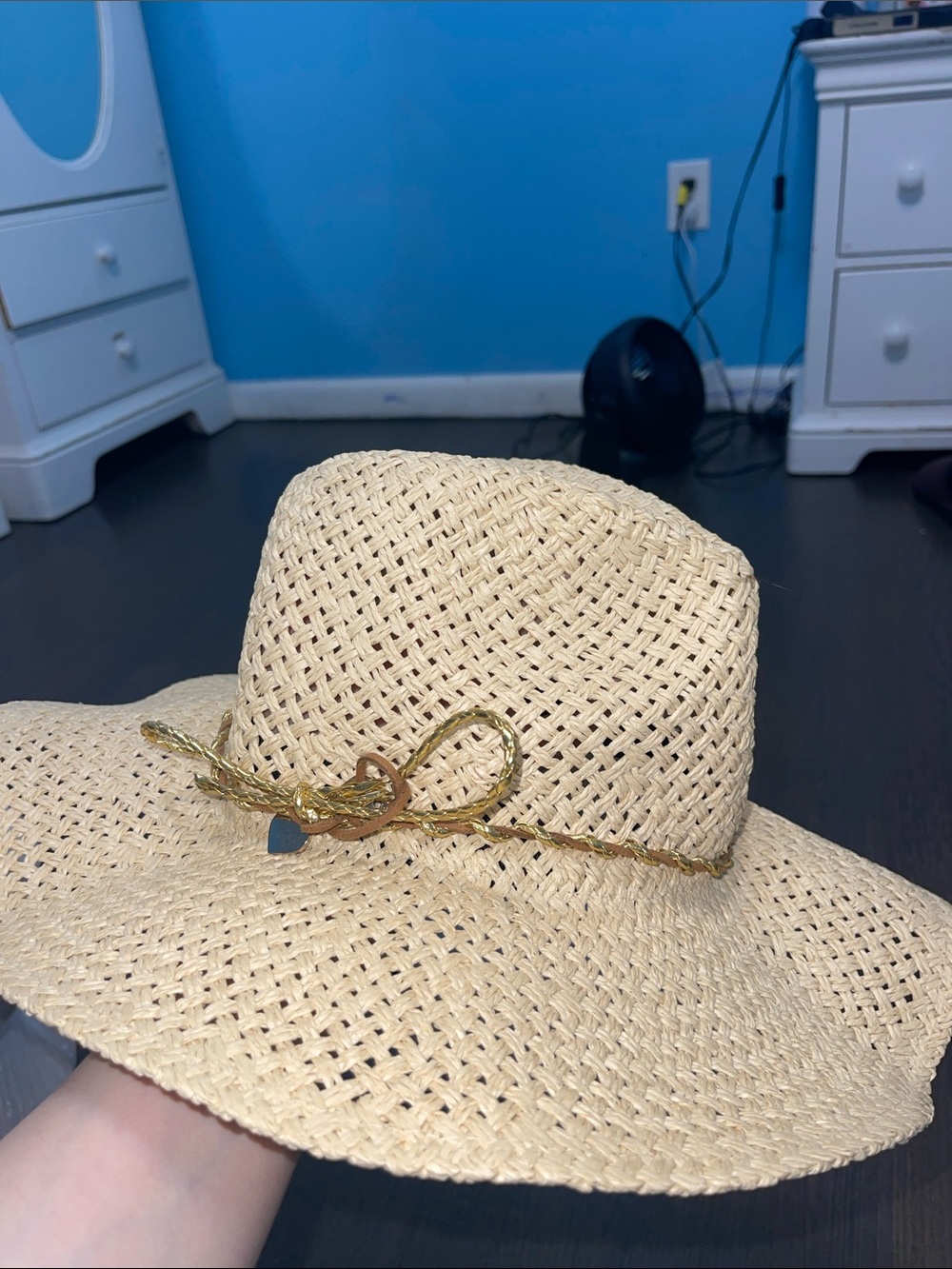 Karl Lagerfeld Natural Straw Fedora with Gold Braid
